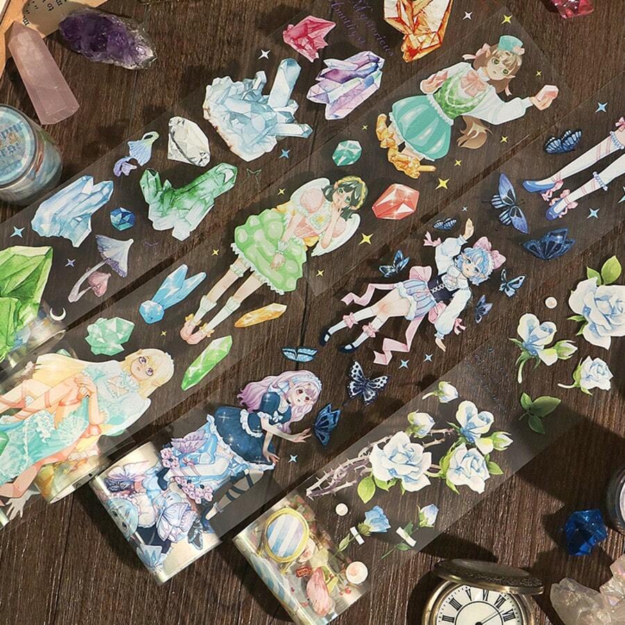 1卷PET胶带，玫瑰幻想诗系列手绘植物与女孩插画贴纸，适用于日记本、相册、礼品包装、装饰，70厘米超长可重复使用胶带（宽：5厘米，长：300厘米），学生水瓶装饰，返校必备文具 - 1roll - 查看 1