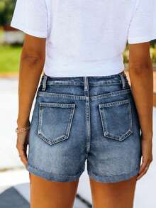 Women's Casual Denim Shorts With Button, Split And Pockets, Straight Leg Distressed Design - Medium Wash - View 3