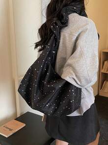 时尚亮片星形帆布手提包，休闲日常旅行大容量手提包/单肩包 - 黑色 - 查看 4