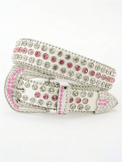 1条男女通用纯色水晶镶嵌腰带，闪亮朋克嘻哈PU皮革腰带，可搭配牛仔裤、连衣裙