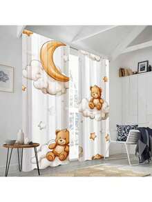 2片装梦幻泰迪熊云朵薄纱窗帘 - 100%涤纶半透明杆袋式窗帘，适用于卧室、客厅、厨房和书房 - 可机洗，现代家居装饰，趣味设计，半透明涤纶材质 - 彩色 - 查看 12