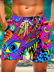 Pantalones cortos casuales de hombre de talla grande con estampado colorido, adecuados para vacaciones y estilo de viaje - Multicolor - Ver 3