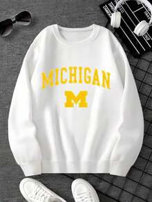 Michigan Letter Graphic Sweatshirt,Mens Winter Clothes,Crew Neck Long Sleeve T-Shirt ,Funny T Shirts,Streetwear,Graphic T Shirts,Y2K Clothes - 白色 - 查看 7