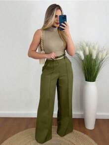 Solid Black High-Waisted Wide-Leg Pants 1pc Elegant Office Casual Loose Fit Chic For Daily Work Date All Seasons - Army Green - View 5