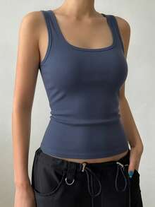 1pc Women Casual Comfortable Padded Deep Blue Square Neck Camisole Top, Slim Fit Ribbed Sleeveless Undershirt, Suitable For All Seasons - Navy Blue - View 5