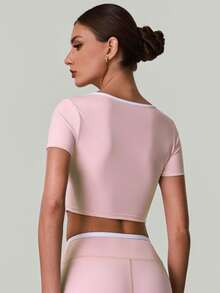 Women's Summer Color Block Low-Neck Crossover Straps Short-Sleeve Crop Top T-Shirt With Chest Pads For Yoga Pilates Fitness Running Sports - Pink - View 11