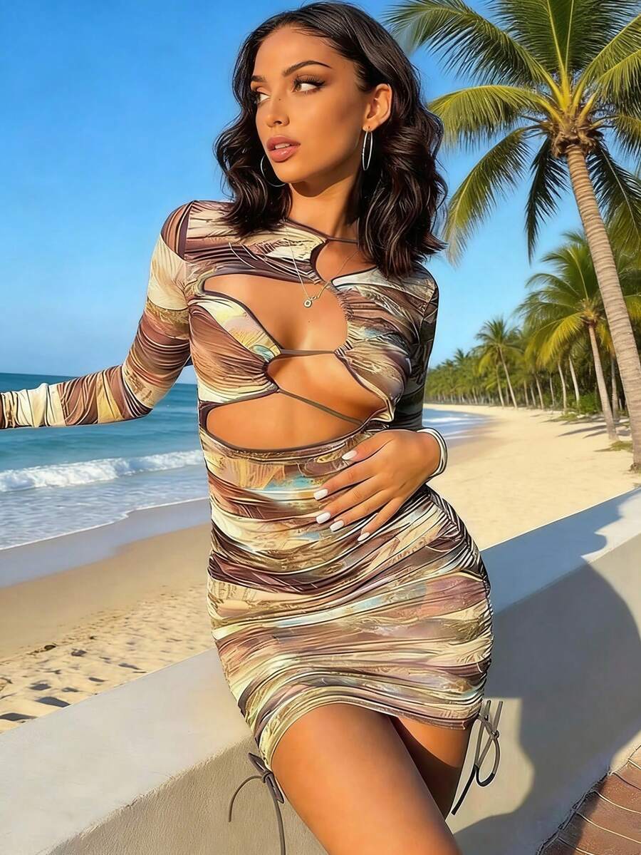 女士棕色抽象印花系带中长连衣裙，风格化设计 - 彩色 - 查看 1