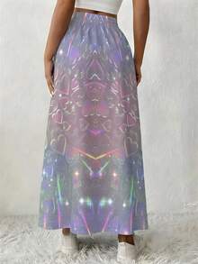 One Piece Distinctive Woven Sexy High-Slit Flowy Women's Maxi Skirt For Summer Vacation And Dating, With Iridescent Holographic Heart Print - Nhiều màu - Xem 3