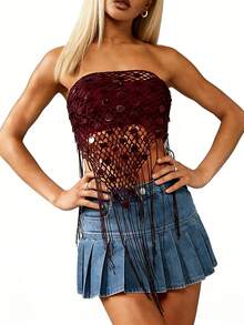Top de tubo sin tirantes con lentejuelas y borlas para mujer, estilo boho, ideal para fiestas, clubes nocturnos y festivales. - Burdeos - Ver 6