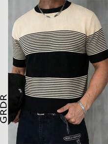 GRDR Men's Round Neck Summer Minimalist Striped Fashionable Knit Short Sleeve T-Shirt - Apricot - View 1
