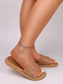 pueenb Heart-Shaped Design Elegant Flat Slippers, Lightweight, Non-Slip, Suitable For Summer Beach Outings - Brown - View 4