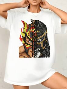 Máscara dividida con fuego y telaraña que simboliza la dualidad entre fuerza y misterio energía ardiente y espíritu audaz camiseta de mujer 220g casual moderna cómoda para uso diario - Blanco - Ver 8