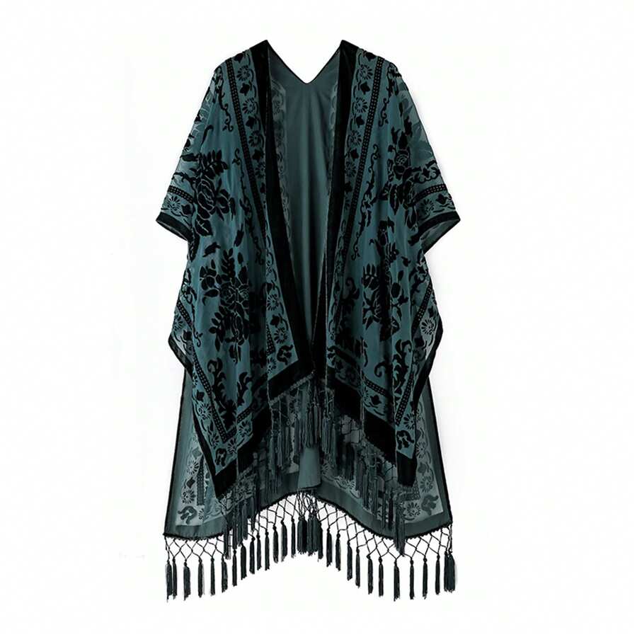 WeHello Women's Boho Burnout Velvet Kimono Long Cover Up With Tassel Casual Cardigan Shawl Flowy Fabric Beachwear Suit Womenswear Clothes Swimwear Coverups SpringStatements - 墨綠色 - 查看 1