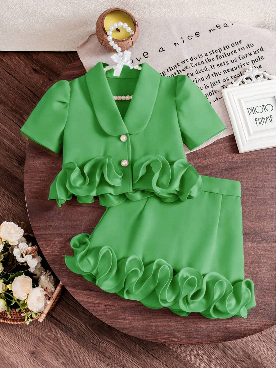 2pcs/Set Pakaian Musim Panas Putih | Atasan Lengan Puff dengan Hiasan Mutiara + Rok Mini Berumbai Satin | Gaya Jalanan Gadis Manis - Hijau - View 1