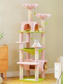 PAWZ Road 184 Cm Large Cat Tree, Cat Tower For Large Cats, Cat House With Sisal-Wrapped Scratching Posts And Padding, 2 Padded Resting Areas, Double House And Basket For Indoor Cats, Pink - Hồng - Xem 8