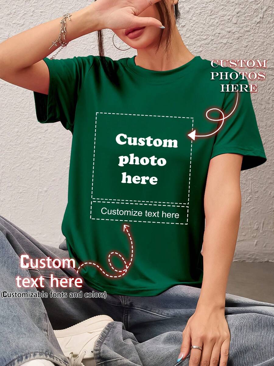 客製化女款T恤-可添加文字與照片(風景/徽章/情侶照/家庭照/自拍照/寵物照),可選擇字體與顏色,適合夏季旅行,送給女友的禮物,時尚嘻哈休閒極簡個性獨特 - 綠色 - 查看 1