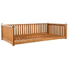 Merax Patio Minimalist Twin Size Garden Swing Bed Wood Porch Swing With Ropes For Backyard,  Sloped Design - Teak-New - 查看 8