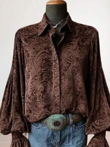 Women's Retro Patterned Fluffy Long Sleeved Top - 咖啡棕 - 查看 1