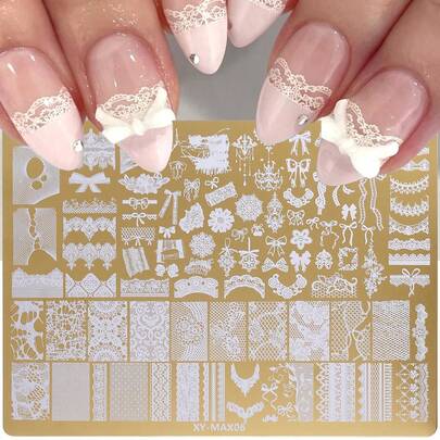 1 khuôn dập móng nghệ thuật ren lớn 19.5*14.5cm, họa tiết ren rách và nơ kiểu Y2K, mạ vàng, phụ kiện dụng cụ làm móng tại salon.