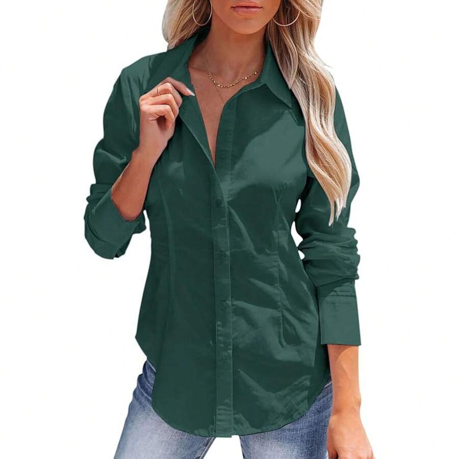 Women's Button-Up Shirt, Long-Sleeved, Solid Color, Versatile, Office-Style, Elegant Blouse - Dark Green - View 1