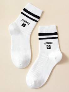 1双儿童袜子，四季皆宜，字母数字“28”印花图案中筒袜，女童袜，黑白条纹袜，柔软舒适，适合春秋季穿着，男童袜，适合上学和日常休闲穿着，简约运动中筒袜 - 彩色 - 查看 1