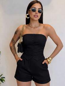 Elegant Strapless Tailored Suit - Modern Sophistication - Black - View 3
