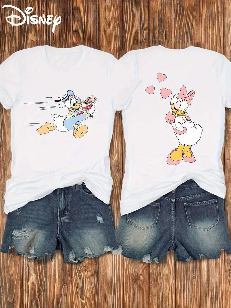 Disney Duck Expresses His Love For Daisy With A Double-Sided Printed Soft Stretch Casual Short-Sleeve Top, A Stylish Short-Sleeve Round-Neck T-Shirt For Women - trắng - Xem 1