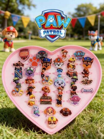Paw Patrol 3个/6个汪汪队立大功冒险系列戒指，亚克力材质，趣味派对道具，内径15毫米，派对配饰，男女通用，适合作为派对礼物、生日礼物、装饰礼物、情人节礼物，也是送给朋友的理想礼物。