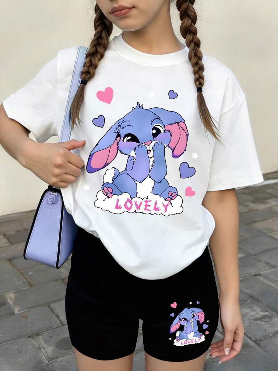 2pcs/Set Girls Loose Short Sleeve Outfit, Cute Angel Decor, Elastic Shorts, Fashionable & Fun Spring/Summer Wear - White - View 1