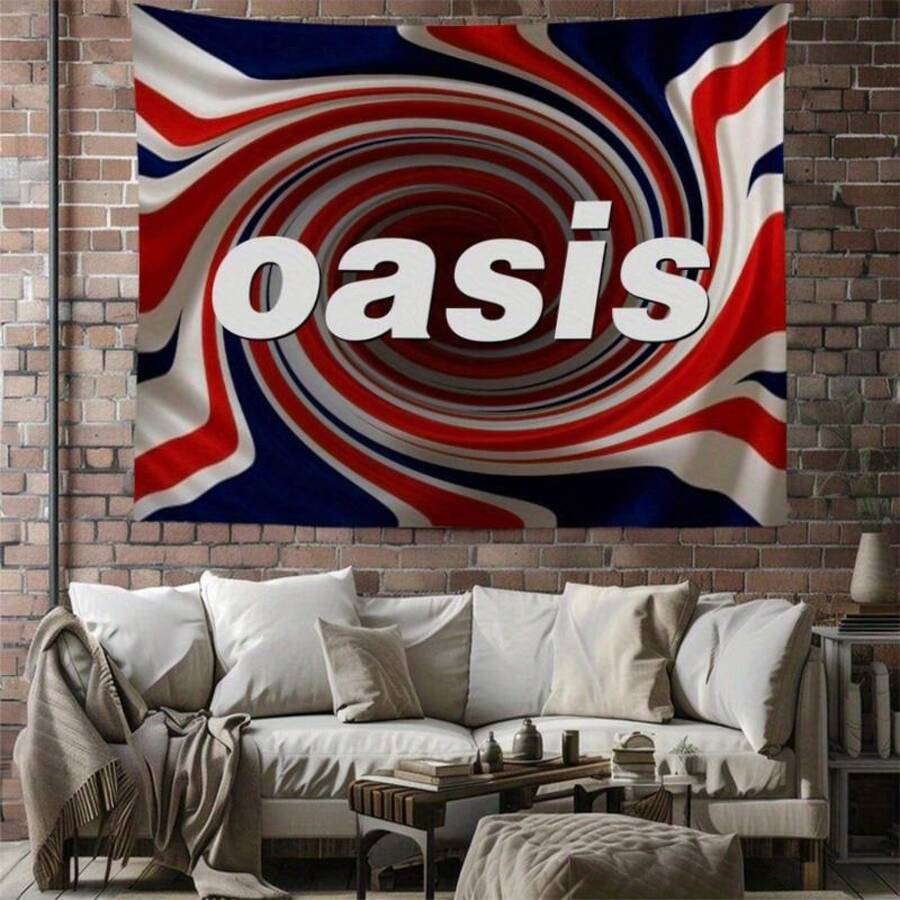 1pc Oasis Knebworth Music Tapestry - Vibrant Red, White & Blue Swirl Design, Polyester Wall Hanging For Living Room, Bedroom, Dorm Decor, Indoor/Outdoor Concert Backdrop, Perfect Holiday Gift, Music Room Decor - Multicolor - View 1