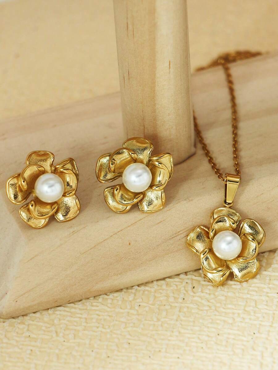 花瓣耳环项链套装,简约优雅吊坠锁骨链饰品,女士款 - 彩色 - 查看 1
