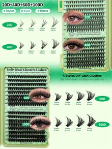 Lashsun 2522片装簇状假睫毛套装，D卷度，14种款式可选：猫咪款/轻盈款/漫画款/浓密款/下睫毛/尖头款，套装包含卸妆液和睫毛辅助器，适合新手和熟练用户，在家轻松DIY，日常妆容轻松打造完美造型。 - 黑色 - 查看 6