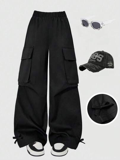 Tween Girls' Black Cargo Pocket Loose Wide Leg Pants