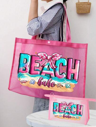 Large Capacity Mesh Bag Set, Beach Pattern Design Printed Mesh Bag, Mesh Beach Bag Handbag, Mesh Cosmetics Storage Bag, Foldable Swimming Large Capacity Beach Bag Waterproof And Sand Proof, Letter Decoration Mesh Beach Handbag, Beach Vacation, Summer Beach Fashionable Tote Bag, Mother's Day Gift, Back To School, School Season, Holiday Gift, Travel Essential