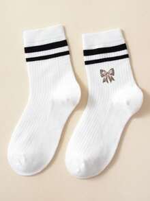1 Pair Girls' Black & White Striped Mid-Calf Socks – Leopard-Print Bow & Ribbed Design (Versatile Preppy Style) - Multicolor - View 2
