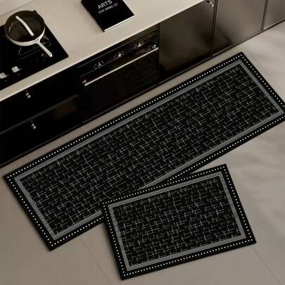 1pc Silica Gel Kitchen Mat, Black Background With Modern Minimalist Geometric Line Pattern, Center Grid Texture Made Of Intersecting White Lines, Surrounded By Layered Fine White Lines And Dotted Decorations, Luxurious And Orderly Style. Cushioned Anti-Fatigue Kitchen Carpet With Fabric Surface And Sponge Absorbent Material.