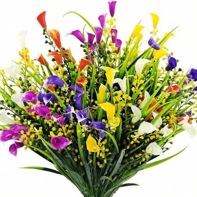 5 Bunches Of Artificial Spring Grass & Calla Lily, UV-Resistant Fake Plants, Plastic Material, Summer Flowers, Indoor/Outdoor Hanging Potted Decor (Mixed Colors), Suitable For Valentine's Day, Wedding, Birthday, Easter And Other Occasions. Outdoor Artificial Calla Lily, UV-Resistant Fake Plants, Colorful Simulated Lily Flowers, Suitable For Home Garden Planters, Porch, Window Sill Decoration.