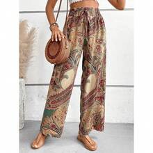 2026 Women Summer Printed Elastic Waist Wide Leg Pants - Loose Casual Tros Polyester Stretchy -  Summer Outfits - St Pattys Day - Capris For Women -  Vacation Outfits Women - Spring Outfits For Women - Women's Culottes - Màu Khaki - Xem 1