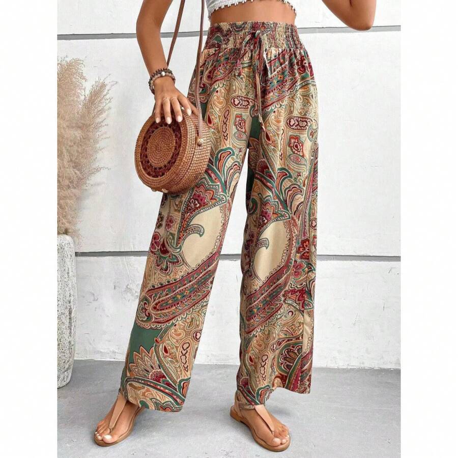 2026 Women Summer Printed Elastic Waist Wide Leg Pants - Loose Casual Tros Polyester Stretchy -  Summer Outfits - St Pattys Day - Capris For Women -  Vacation Outfits Women - Spring Outfits For Women - Women's Culottes - Màu Khaki - Xem 1