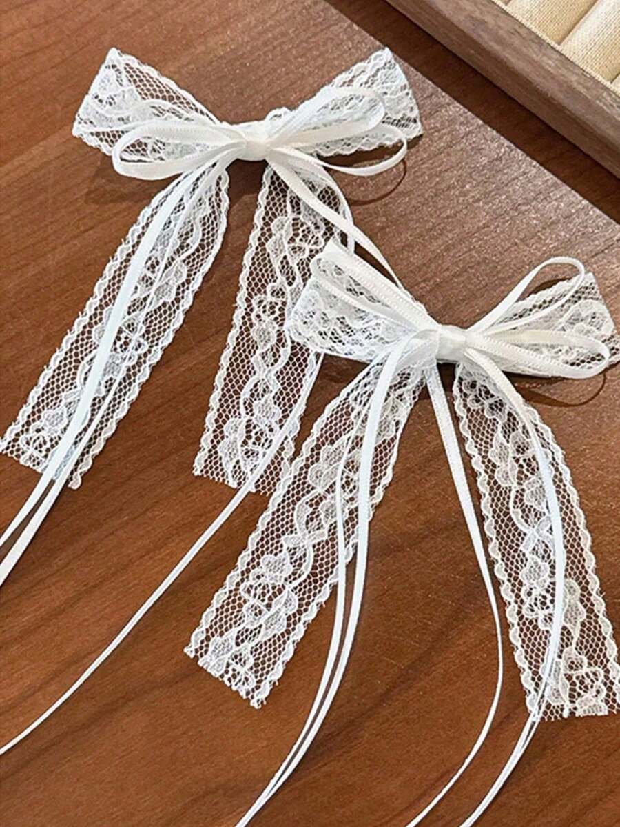 2个韩式蝴蝶结发夹，超仙女蕾丝珍珠流苏，丝带公主头饰，高端芭蕾舞风格发夹 - 白色 - 查看 1