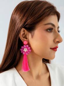 imoli 1 par de pendientes largos con borlas de estilo bohemio y exagerados, pendientes colgantes de color fucsia adecuados para el uso diario de las mujeres - 31556-ear-rose-EP - Ver 3