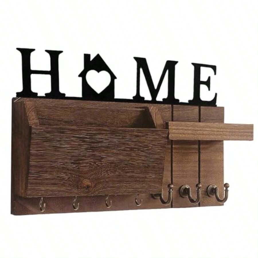 Wall Key Holder With 7 Hooks Wooden Key Hanger With Mail Sorter Wall Mounted Shelf Key Rack For Entryway Bedroom Living Room Fvv - Brown - View 1
