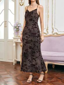 Women's Fashionable Sexy Floral Pattern Plunging Neck Elegant Maxi Dress Wedding Party Red - Red - View 2