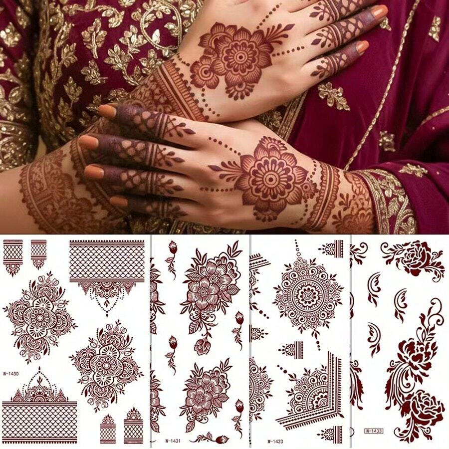 3张红棕色蕾丝图案临时纹身贴纸，海娜花朵图案，防水持久 - 棕色 - 查看 1