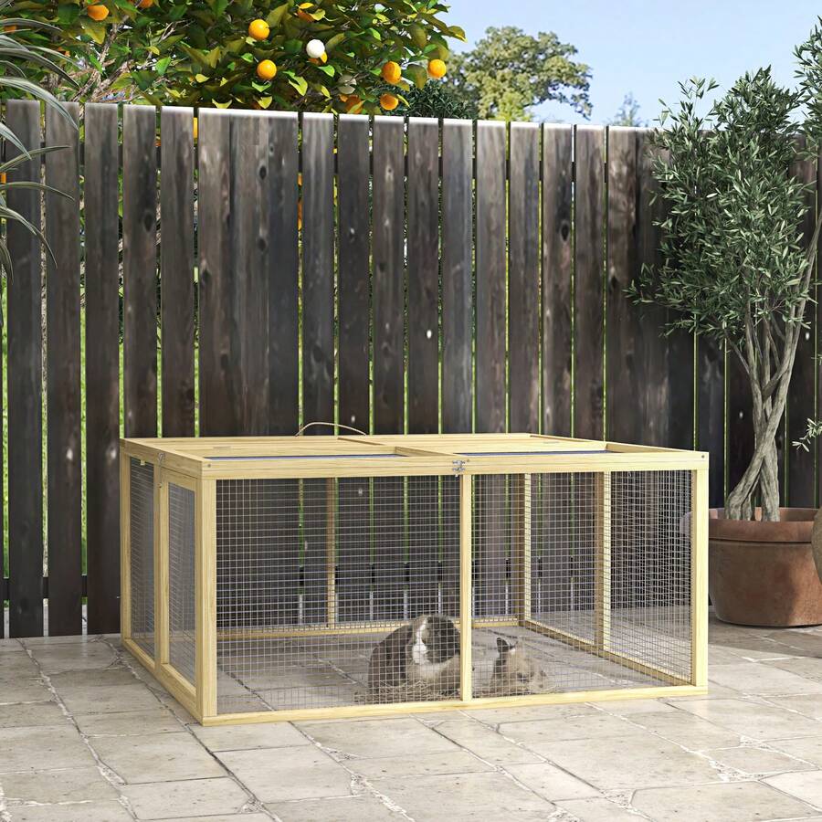 PawHut Rabbit Hutch, Folding Wooden Rabbit Run With Openable Top, Natural - M - View 1
