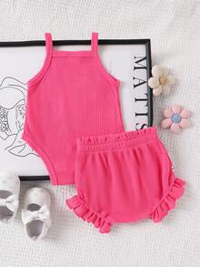 2pcs Baby Girl Cute Embroidered Suspender Romper & Shorts Set, Thin Summer - Hot Pink - View 2