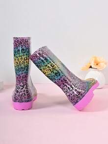 Sepatu Bot Anak Motif Leopard Pelangi Setinggi Betis, Sepatu Bot Hujan Modis yang Lucu - Purple - View 3