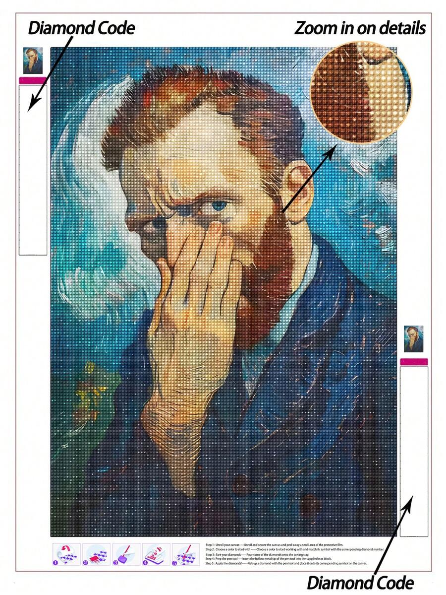 |5D DIY钻石画|质感印象派自画像钻石画套装，笔触富有表现力，动感的蓝色漩涡色调，厚重的颜料堆积质感，以及充满情感的肖像风格。手工装饰画，全钻马赛克工艺套装，DIY打造属于你自己的墙面艺术，享受动手制作的乐趣，是送给朋友的最佳礼物。 - 無框 - 查看 1