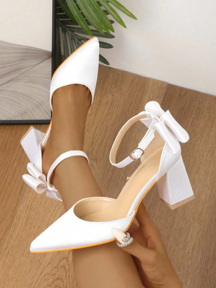 Zapatos de tacón alto con punta puntiaguda y tira con moño de satén para mujer, adecuados para primavera y otoño - Blanco - Ver 1