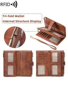 MIYIN Cartera vintage de mujer multifuncional de gran capacidad con triple pliegue, billetera con bloqueo RFID que cabe tarjetas de crédito/ID/monedas/efectivo/recibos, cartera de embrague con cremallera doble, regalo de cumpleaños, regalo de aniversario, billetera de mujer, billetera larga, muñequera - Marrón - Ver 8